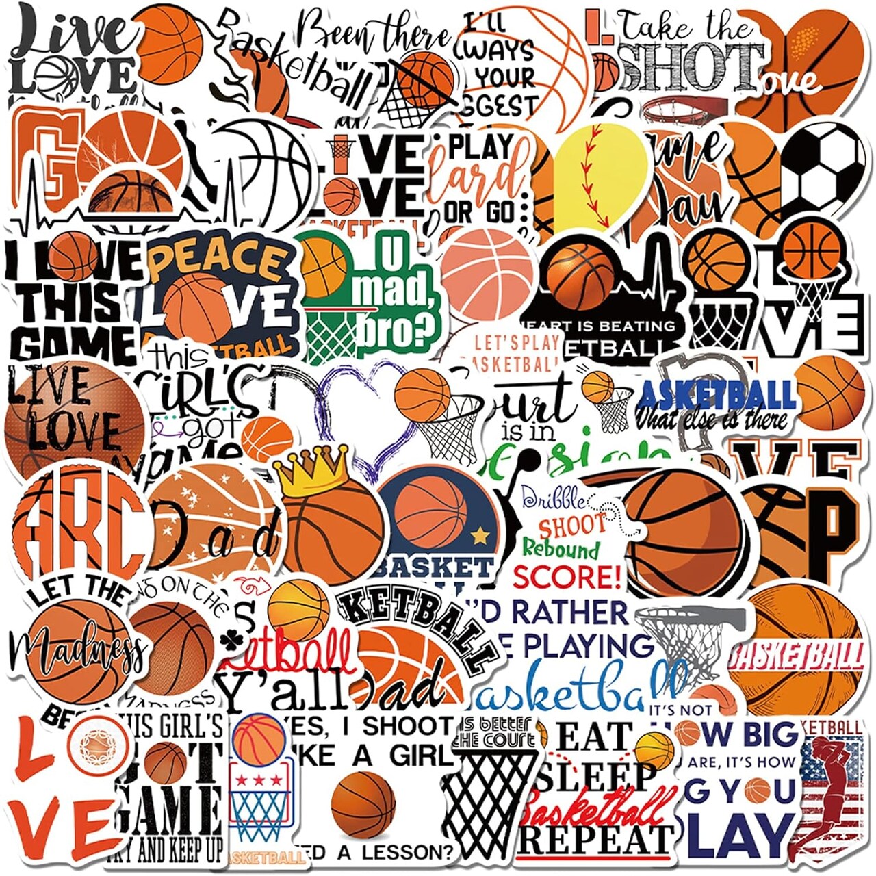 50Pcs Basketball Stickers, Basketball Scrapbook Stickers for Kids Teens Boys Girls, Waterproof Vinyl Stickers for Water Bottle Laptop Scrapbooking Skateboard Guitar